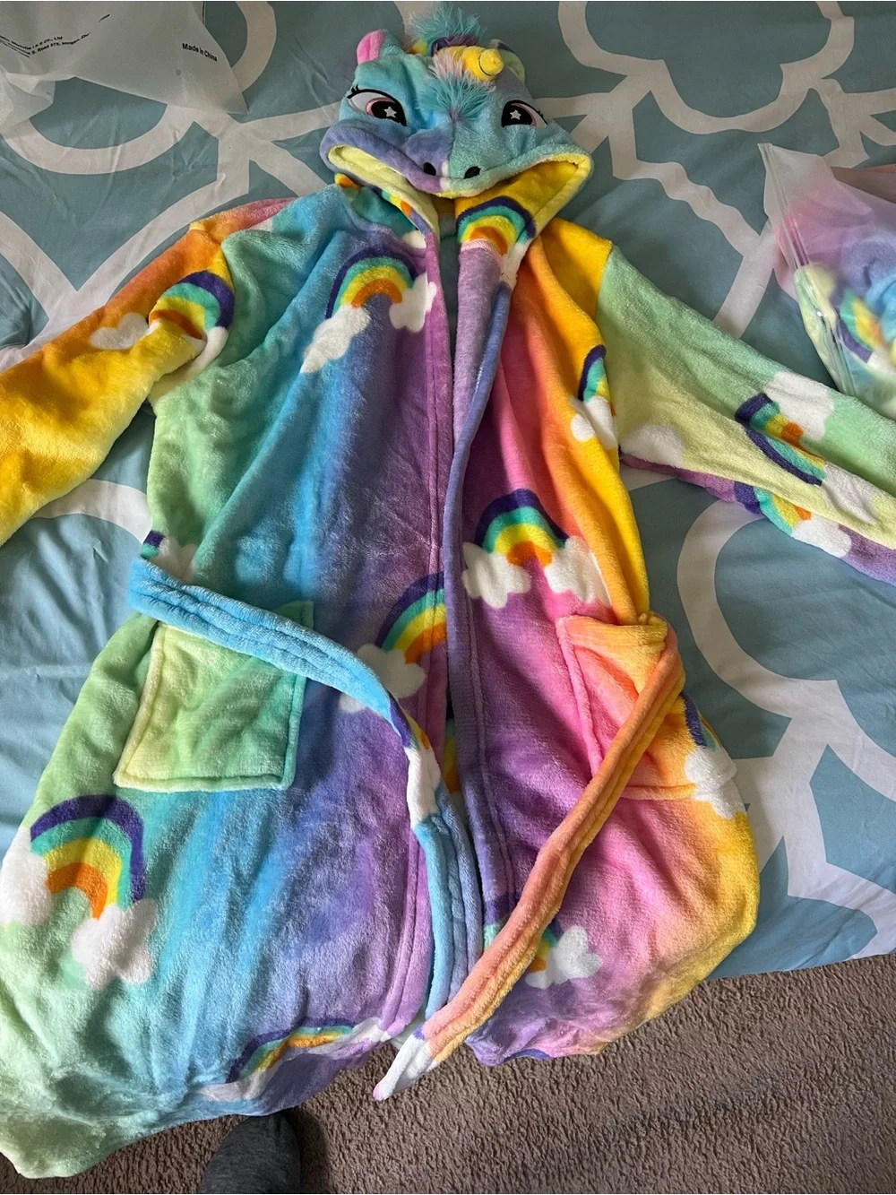 Kids Rainbow Unicorn Hooded Bath Robe - Plush Multicolor